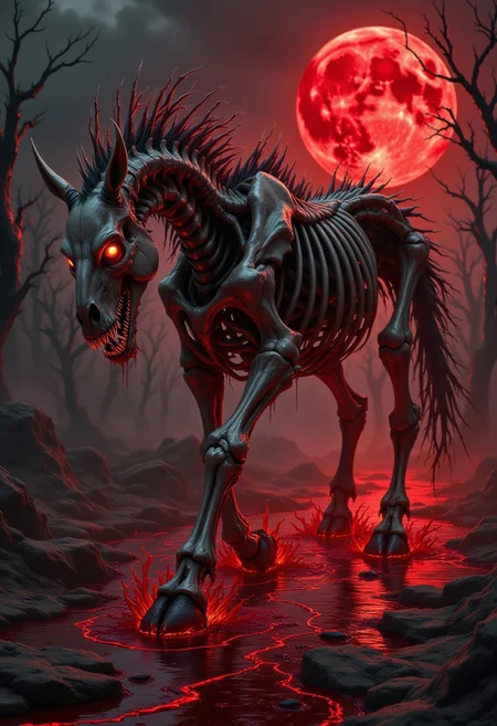 A terrifying close-up of a monstrous skeletal vampire horse, its jagged bones glistening with a slick, blood-red sheen. The horse’s skeletal frame is twisted and gnarled, with sharp, elongated spines protruding from its back and ribs. Its eye sockets glow with a malevolent crimson light, and its jagged teeth are stained with fresh blood, dripping onto the ground below. Its mane and tail are made of writhing, shadowy tendrils that seem to move on their own, as if alive. The horse’s hooves are cracked and charred, leaving smoldering, bloody footprints in its wake. A river of thick, dark blood flows around its feet, pooling and bubbling as if boiling from within. The background is a nightmarish landscape of dead, twisted trees, with a blood-red moon casting an eerie glow over the scene. The air is thick with fog, and faint, ghostly whispers echo in the distance. Every detail, from the jagged fractures in its bones to the way blood clings to its form, creates a horrifying vision of a creature born of darkness, death, and carnage
