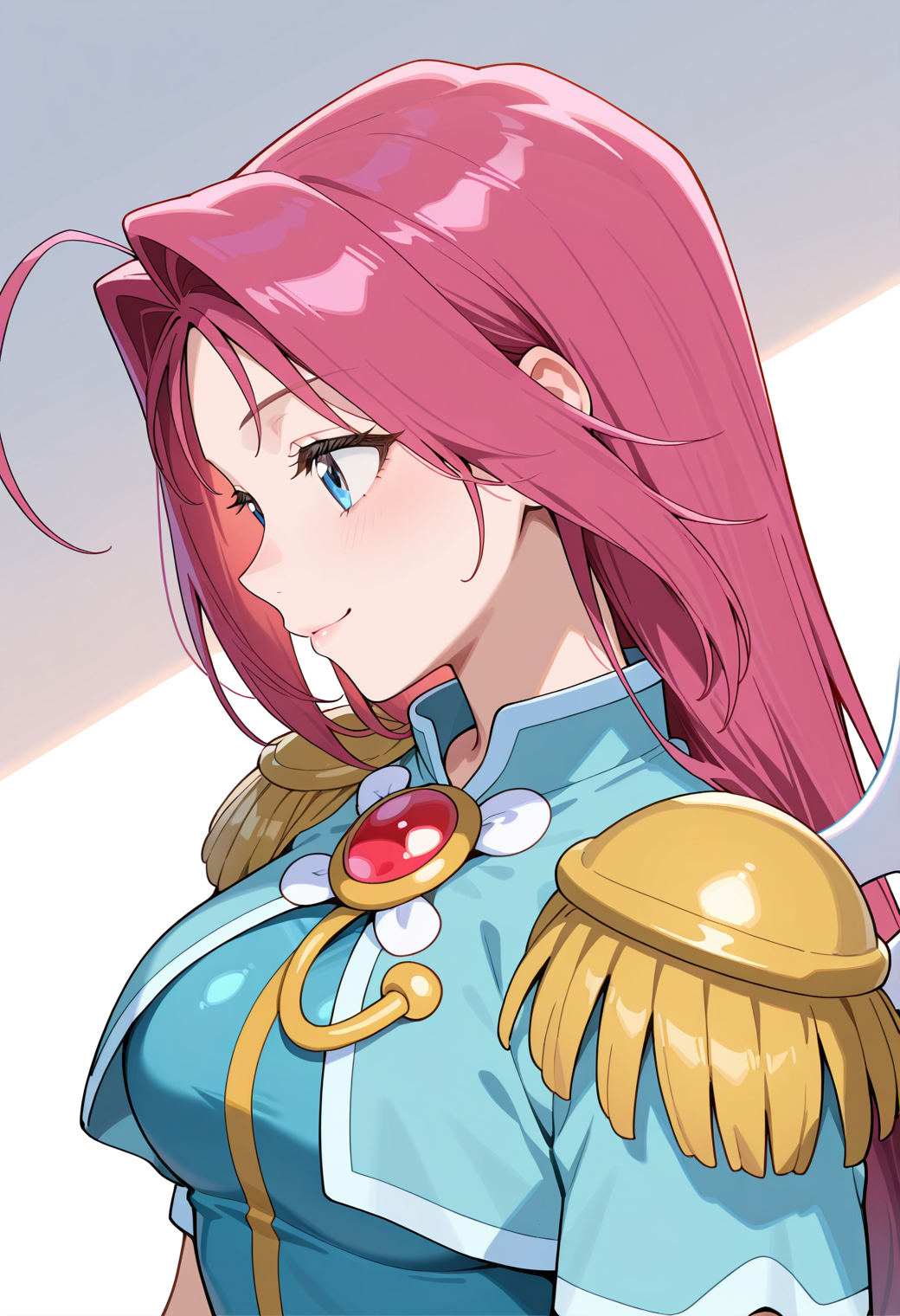 masterpiece, best quality, very aesthetic, absurdres, 1girl, solo,
<lora:corrector_haruna_water_v02:1.0>, corrector_haruna, water_element_suit, pink hair, long hair, ahoge, blue eyes,
magical girl, small wings, epaulettes, blue bodysuit, brooch, aiguillette, profile, (smile:0.7), portrait