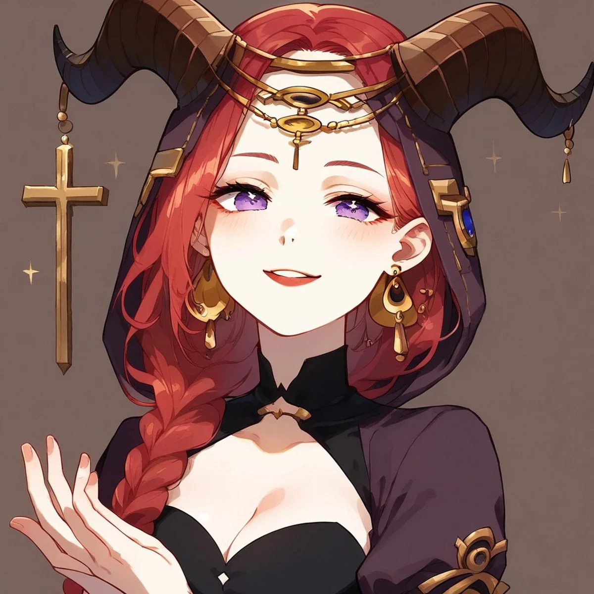 score_9, score_8_up, score_7_up, 1girl, solo, Tiefling, female, white skin, braid hair, long hair, pony tail, red hair, earings on ears, kind eyes, purple eyes, cross-shaped pupil, black dress, side slits, faint cleavage, brown horns, golden earrings, cute face, beautiful face, dutch angle, room background, smiling, full body, legs