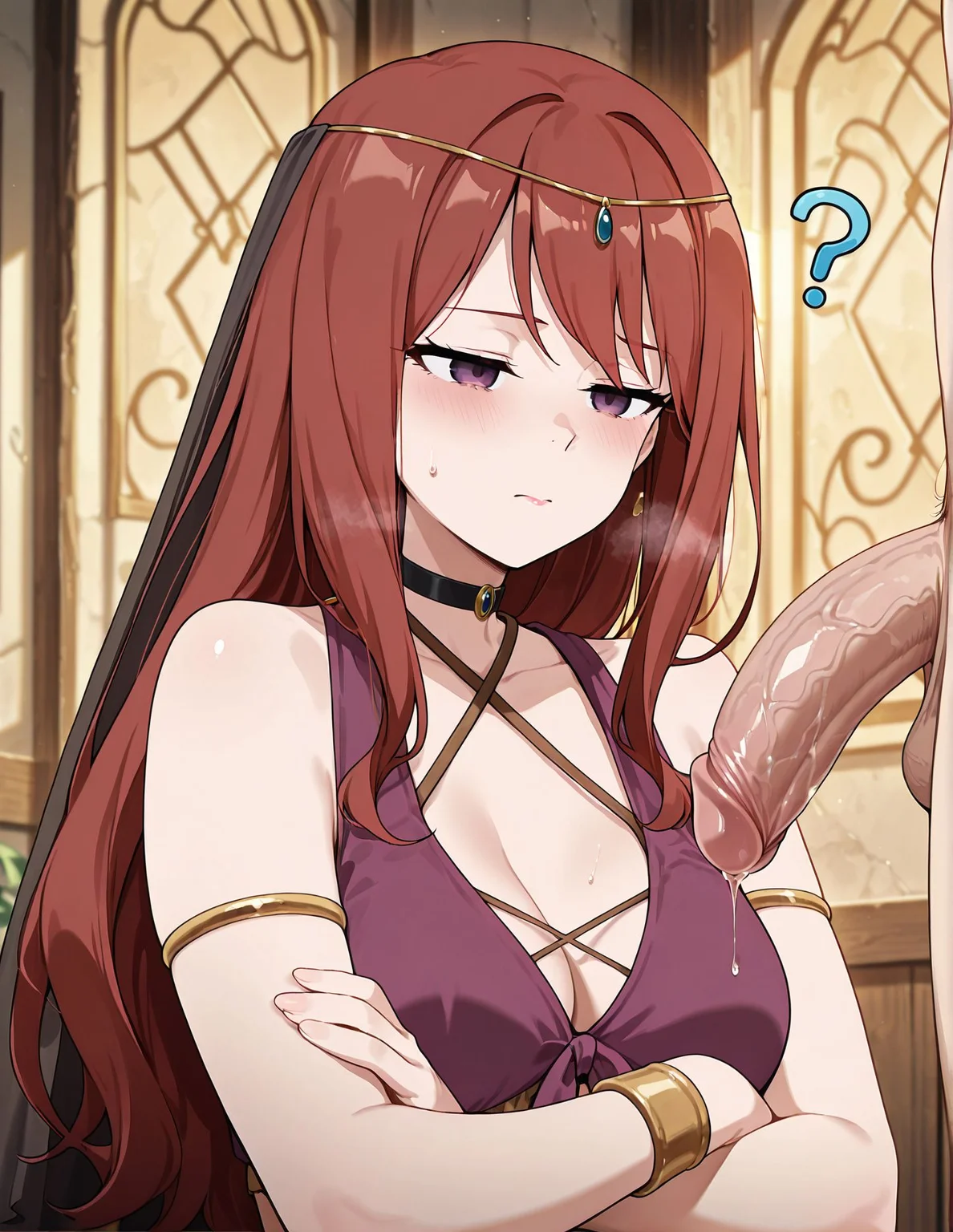 masterpiece, best quality, newest, absurdres, highres, detailed eyes, beautiful, detailed background, perfect eyes, anime coloring, anime screencap,
<lora:Flaccid_penis:1>Flaccid_penis_V1,
1girl, 1boy ,hetero, Flaccid penis ,
half-closed eyes, tired,empty eyes, precum, steam, crossed arms,
(confused:1.2),sweatdrop, puzzle, sad, looking at penis,
<lora:MushokuTensei_Elise_IlluXL:0.9>,blush, red hair, long hair, purple eyes, circlet, lipstick, veil, harem outfit, arabian clothes, black choker, bare shoulders, halterneck, armlet, sarog, purple panties, see-through,
BREAK Rudeus Greyrat, brown hair,