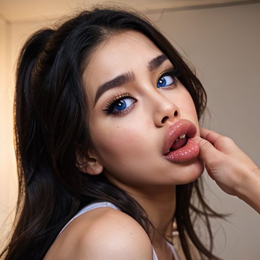 (best quality:1.1), 1girl, brown hair, sexy asian woman, blush, blue eyes, 
big lips, (enormous lips:1.2), (huge lips:1.1), bimbolips <lora:BimbolipsV2-000003:0.8> <lora:biglips-v2:0.9>,
clothed, facing forwards, head on, 
mouth open, shocked, ahegao, tongue out <lora:emotion_angry_slider_v1:0.8> <lora:TonguesAndAhegaoV1:0.7>, 
8k, 4k, intricate, detailed face, detailed eyes
gradient background, strong lighting
