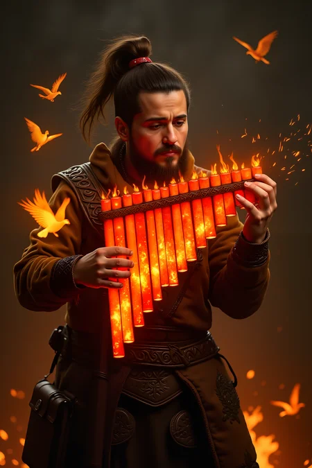 A phoenix-touched warrior holds a very small tiny panflute made from crystallized flame. The pipes shift between red, orange, and gold, with actual flames dancing inside their transparent surfaces. Magical birds made of pure light fly from the pipes with each note. Sparks and embers trail from the musician's hands as they play. The panflute leaves a trail of burning musical notes in the air. , detailed background Fantastic lighting. Detailed shadows.intricate details, vivid colors, hyper-detailed, ultra-sharp, <lora:PANFLUTE_FLUX>