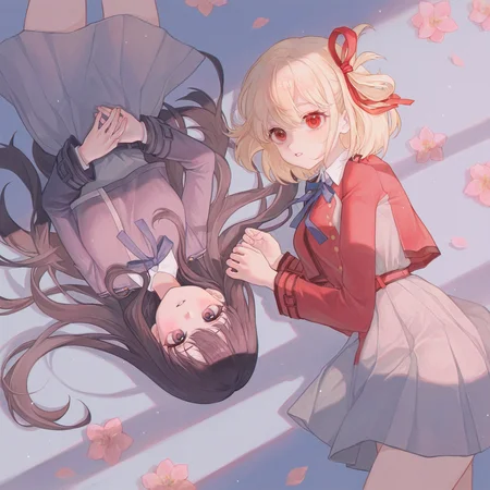very awa,  (pastel colors:0.7), (opossumachine:0.7), (maccha \mochancc\:0.6),  (2girls:1.2), nishikigi chisato, lycoris recoil, inoue takina, lycoris recoil, from above, lying,  flower,  hdr,  masterpiece, [best quality:0.15], newest, absurdres, very aesthetic, best quality, year 2024, newest,