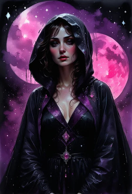 neurographic ink, alcohol inks, transparency, translucent, wet on wet, depict a woman wrapped in a black cloak, a dreamy purple pink starry sky, absurd world in the style of ink, acrylic and watercolor, detailed matte painting in Klimt and Jeremy Mann style, deep color, fantastic, intricate details, splash screen, complementary colors, fantasy concept art, 8K resolution trending on Artstation Unreal Engine 5, 
best quality, ultra-detailed, very aesthetic, illustration, perfect composition, intricate details, absurd, atmospheric lighting, streaks of light
Masterpiece, vibrant colors, very detailed, midjourneyv6.1, detail background, dark, chiaroscuro