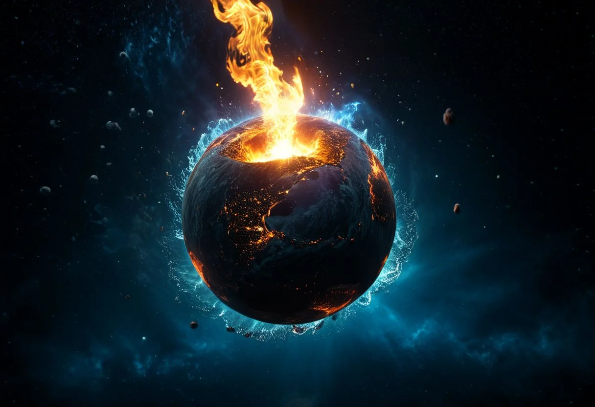 a cosmic flame floating, a sphere of dark space, falling starts, air and earth elements, (masterpiece, best quality, highly detailed,4k, HD, artstation), (magical, air, fire, water, earth:1.2), (style-paintmagic:1.0)