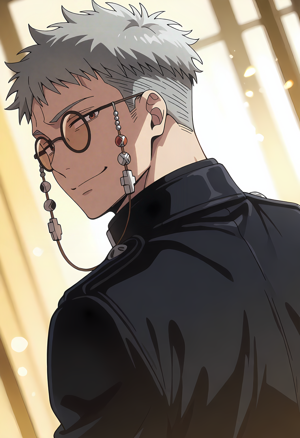 <lora:Fujimoto_Shiro_Blue_Exorcist__Ao_No_Exorcist__éã®ç¥é­å¸«:1>,fsh1r0,gray_fsh1r0_sh1r0_hair,red_fsh1r0_eyes,1boy,male focus,solo,undercut,
fsh1r0_round_glasses,
from behind,looking back,smile,bloom,high contrast,visual effects,upper body,
dutch angle,depth of field,
masterpiece,very awa,best quality,amazing quality,absurdres,absurd res,hires,highres