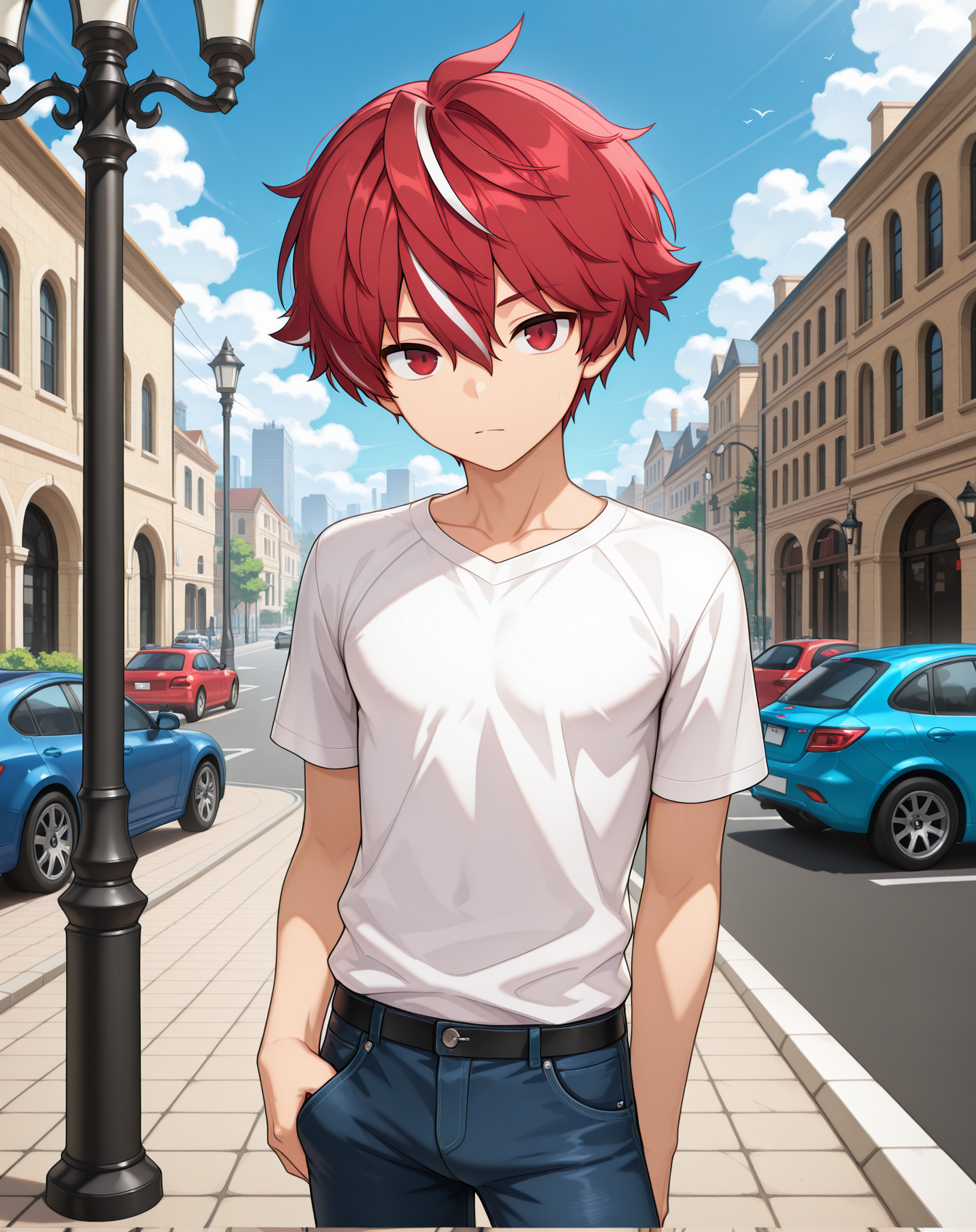 masterpiece,best quality,amazing quality, newest, very aesthetic, absurdres,
1boy, solo, yaoi, male focus, looking at viewer, cowboy shot, standing,
<lora:Elsword_Sacred_Templar_ilxl:1> elswordst, red hair, red eyes,  streaked hair, white hair,
white shirt, jeans, sneakers,
outdoors, day, blue sky, building, street, road, lamppost, car,
