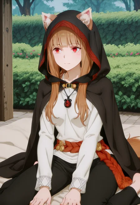holooutfit3_cloaked, 1girl, long brown hair, bangs, red eyes, fox ears, medium breast, | on top hooded cloak, short cape, red patterned trim, clasp, white shirt, long sleeves, loose shirt, black long pants, cropped pants, necklace, pendant, red braided sash,
<lora:Holo_IL:1>,
(Character,),score_9,score_8_up,score_7_up,masterpiece,best quality,absurdres,perfect anatomy,1girl,solo,wariza,sitting,hands on own knees,garden background,.