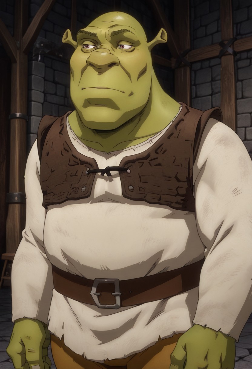 masterpiece, best quality, newest, absurdres, highres, anime, anime style, CastleVaniaStyle-IL.V1.0, 1boy, shrek, bald, green skin, brown vest, white shirt, brown belt, pants