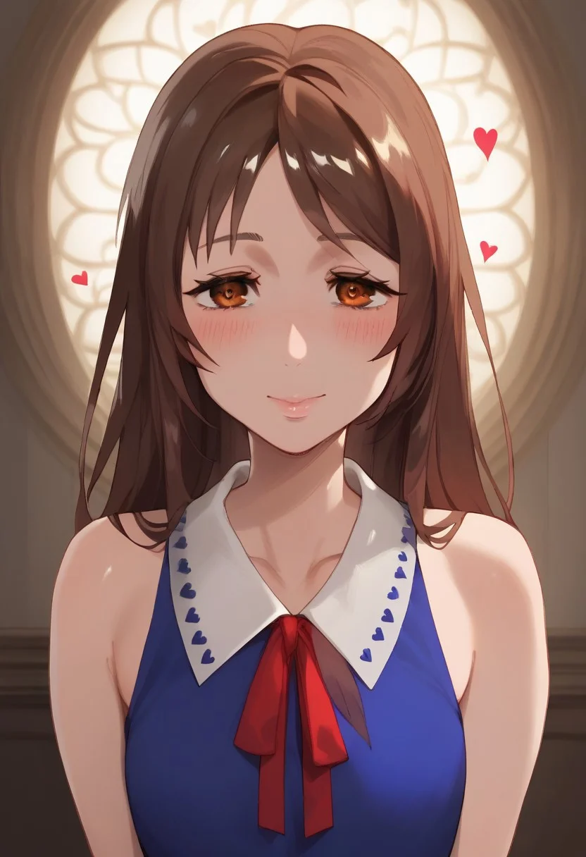 score_9, score_8_up, score_7_up, detailed, clean lines, high contrast lighting, scene, 1 girl. rikaorimoto, long hair, bangs, brown hair, neck ribbon, brown eyes, red ribbon, bare shoulders, collarbone, blue dress, dress,
solo, breasts, wide hips, curvy body, voluptuous, shiny skin, thick thighs, toned body, huge butt, perfect eyes, detailed eyes, long eyelashes, sharp eyes pupils, beautiful female, perfect beautiful face, detailed face, (hearts, blush, blushing, deep blush, horny, seductive, excited), 20 year old, looking at viewer, standing, hands down, inside the palace
