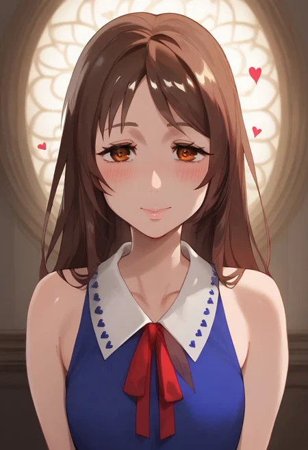 score_9, score_8_up, score_7_up, detailed, clean lines, high contrast lighting, scene, 1 girl. rikaorimoto, long hair, bangs, brown hair, neck ribbon, brown eyes, red ribbon, bare shoulders, collarbone, blue dress, dress,
solo, breasts, wide hips, curvy body, voluptuous, shiny skin, thick thighs, toned body, huge butt, perfect eyes, detailed eyes, long eyelashes, sharp eyes pupils, beautiful female, perfect beautiful face, detailed face, (hearts, blush, blushing, deep blush, horny, seductive, excited), 20 year old, looking at viewer, standing, hands down, inside the palace