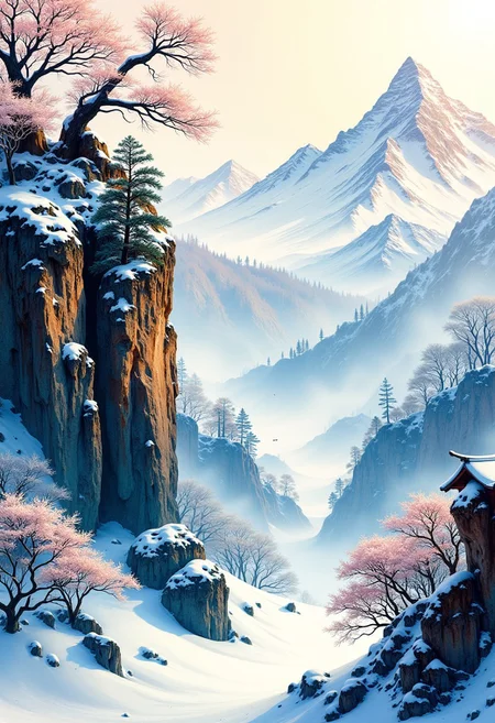An fine ink splash painting with bold and thick brush touching, masterpiece, highly detailed foreground, ambient lighting, ultra-fine painting, extreme detail description, bokeh, side view, beautiful rendering, (blurry realistic very low saturation background), professional, healing,
unbalance composition, blank space, vacant, void,
heavy blizzard,
Misty, (backlight:0.5), (silhouette:0.1),
day, background is snowing japanese traditional mountain and cascade cliff, Ginkgo, very cold and windy, blurry foreground, snow splashing light in air, romantic atmospheric background