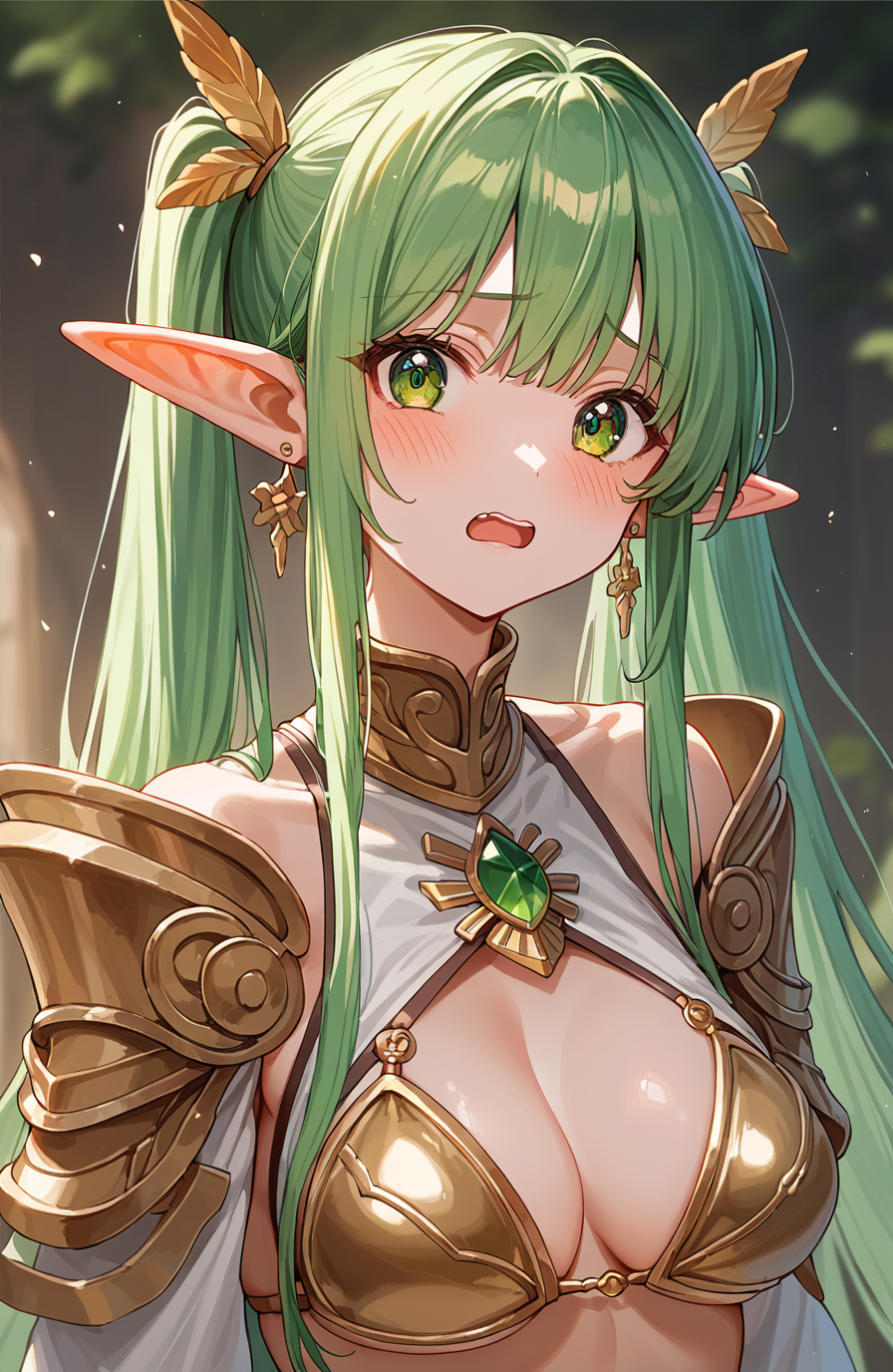 (score_9, score_8_up, ASCII score_9), (source_anime), (masterpiece best quality), (8K, UHD), (detailed embroidery), (sharp out line), (no nose), skin dentation, detailed backgrounds, cinematic scene, looking at viewer, :d, open mouth, embarrassed,
1girl, solo, cute, elf, pointy ears, green eyes, twintails, very long hair, earrings, line art gold bikini, bikini armor,