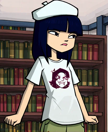 masterpiece, absurd res, highest quality, 4k, <lora:Debbiekangillustrious:1>, debbie kang, 1girl, solo, long hair, shirt, black hair, hat, blue hair, white shirt, shorts, indoors, beret, t-shirt, bookshelf, green shorts, dark blue hair, bangs, blunt bangs, lips