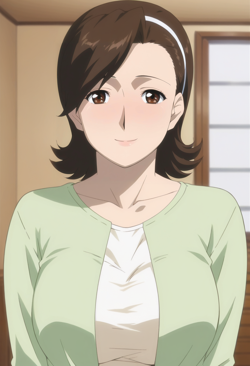 <lora:Youko_Serimiya-Musuko_no_Tomodachi_ni_Okasarete:0.9>,Youko,mature female,1girl,solo,brown hair,hairband,short hair,brown eyes,breasts,shirt,upper body,looking at viewer,indoors,smile