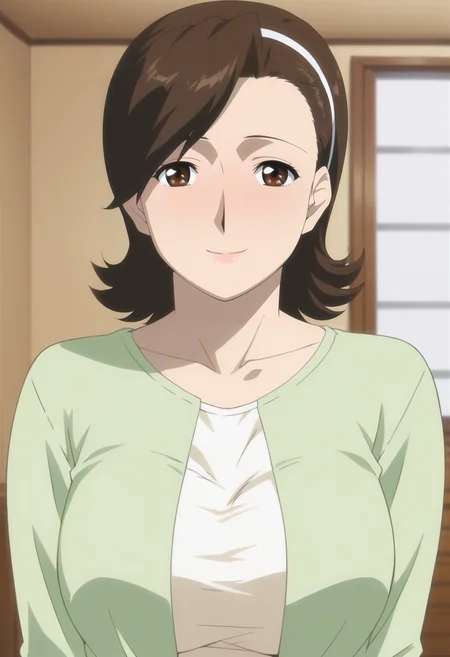 <lora:Youko_Serimiya-Musuko_no_Tomodachi_ni_Okasarete:0.9>,Youko,mature female,1girl,solo,brown hair,hairband,short hair,brown eyes,breasts,shirt,upper body,looking at viewer,indoors,smile