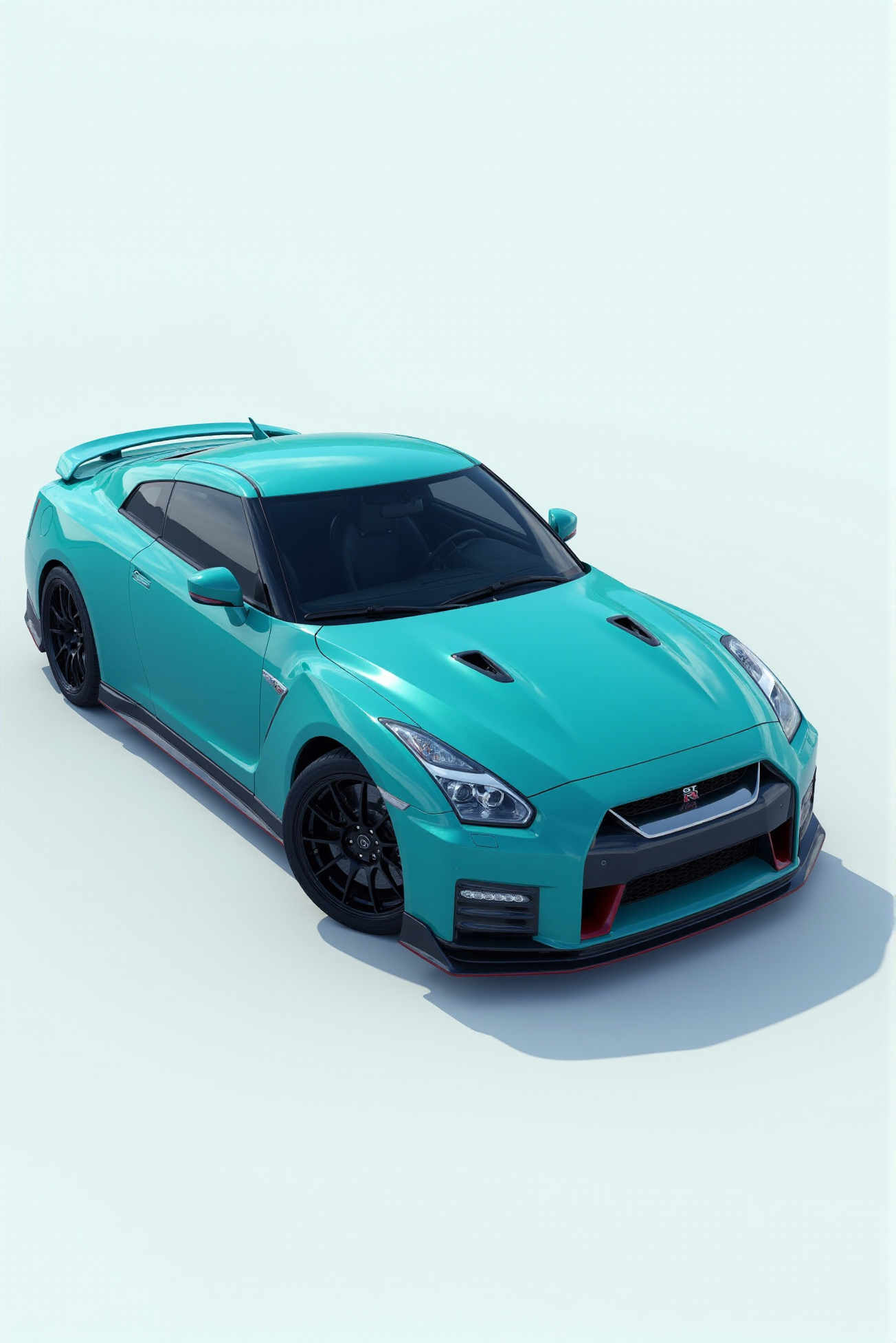 <lora:Nissan_GT-R_R35:0.7>  A from isometric perspective of a gorgeous Nissan GT-R R35 in all its shining glory. In a style of clean look. The car has turquoise paint job with gray hues undertone. Mirror-like, high gloss finish catches bright highlights. Vibrant color palette.