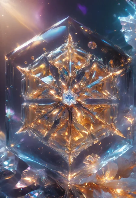 (high quality), (masterpiece), (detailed), 8K, An award-winning glowing snowflake, encased in a perfectly transparent glass bubble, floats delicately within a surreal winter setting. Its intricate, symmetrical crystalline patterns radiate a mesmerizing, golden luminosity, blending warm hues of amber, peach, and soft rose that glow softly through the glass. The bubble is adorned with delicate frost patterns along its edges, reflecting and refracting the snowflake’s warm light, casting a magical aura on its surroundings. Encased within, the snowflake sparkles with fine detail, as if suspended in time, evoking feelings of joy, serenity, and wonder, captivating all who witness this breathtaking masterpiece, glowneon, geometric, sparks, GlowingInk