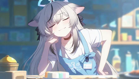 REMEMX,
masterpiece,best quality,amazing quality,very aesthetic,newest,
vector_(dmlddmld00) ,blue_archive ,kokona_(blue_archive) ,absurdres highres ,1girl ,angel's_24_uniform_(blue_archive), animal_ears ,apron black_hair, blue_apron ,closed_eyes ,grey_hair ,long_hair ,multicolored_hair ,shirt ,short_sleeves ,smile ,smug, solo, streaked_hair ,tiger_ears ,very_long_hair ,white_shirt,