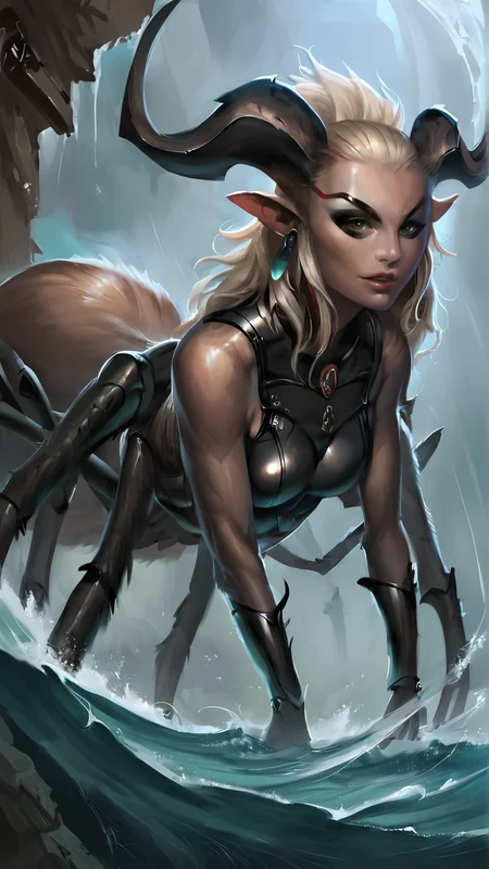 <lora:4r4chn1dPony:0.65>, score_9, score_8_up, score_7_up, score_6_up, score_5_up, score_4_up, closeup of 4r4chn1d, fantasy concept art, digital art, oil painting, realistic, detailed face, solo, arachnid, Water buffalo inspired desktop wallpaper, official_wallpaper, atmospheric, warrior, (evil:0.6), combat stance, holding a weapon, platinum blonde hair, Micronesian skin, Curly Afro, in location monsoon jungle, (Masterpiece:1.3) (best quality:1.2) (high quality:1.1)