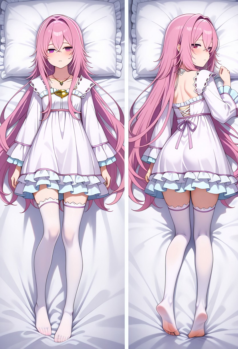 masterpiece,best quality,amazing quality,very aesthetic,absurdres,newest, huge filesize,
<lora:spo_sdxl_10ep_4k-data_lora_webui:0.5>,
<lora:add-detail-xl:1>
<lora:Dakimakura_IL_v1:1> dakimakura,  front view, back view,full body, looking back, 
BREAK
aishia, very_long_hair, pink_hair, hair_between_eyes, hair_intakes, purple_eyes, pink_eyes, frilled_dress, long_sleeves, frills, by_nekoi_(nekoi_0116), flat_chest, jewelry, toes, 1girl, feet, thighhighs, necklace, backless_outfit, soles, looking_back, solo, looking_at_viewer,exhausted, dakimakura