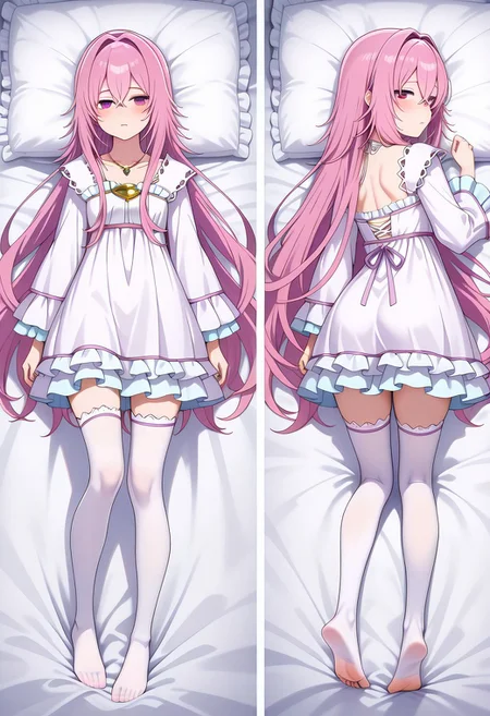 masterpiece,best quality,amazing quality,very aesthetic,absurdres,newest, huge filesize,
<lora:spo_sdxl_10ep_4k-data_lora_webui:0.5>,
<lora:add-detail-xl:1>
<lora:Dakimakura_IL_v1:1> dakimakura, front view, back view,full body, looking back,
BREAK
aishia, very_long_hair, pink_hair, hair_between_eyes, hair_intakes, purple_eyes, pink_eyes, frilled_dress, long_sleeves, frills, by_nekoi_(nekoi_0116), flat_chest, jewelry, toes, 1girl, feet, thighhighs, necklace, backless_outfit, soles, looking_back, solo, looking_at_viewer,exhausted, dakimakura
