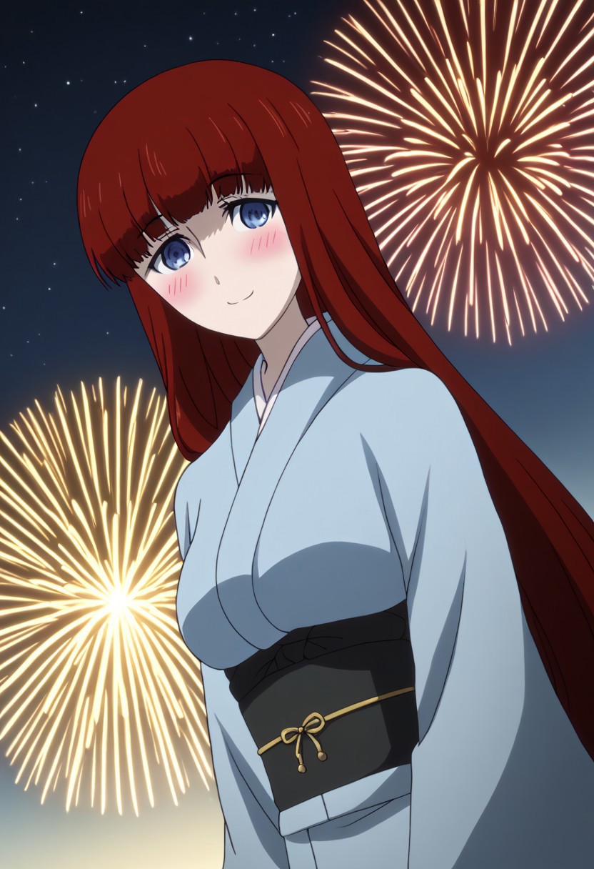 rating_safe, Ultra-high-detailed Anime illustration of Kagari Shiina from Anime Steins;Gate 0. 
The artwork features Kagari in a solo, standing position with a outdoors, flield, and night background. night time. night.
She is depicted with intricate details showcasing her large breasts, natural_breasts. She is a white skinned, 22 years old woman. Kagari is looking_at_viewer with perfect_eyes, Her pupils are highly detailed. The eyes are open. blue eyes. Kagari's eyes are highlighted. Highlighted eyevrows. 
She has long hair, red colored hair, styled in blunt bangs and floating hair.
She is wearing a blue kimono and black shoes. japanese kimono, kimono.
The artistic style is intricate_details_xl with a focus on Anime art. The color palette emphasizes red and black with detailed strokes to bring out the character's features. The lighting creates dramatic shadows and highlights, adding depth to the artwork. The perspective is from a face focus, dutch angle to enhance the impact of the character's expression. This masterpiece is a true portrayal of Kagari's complex personality and will captivate any fan of Kagari. uncensored, upper body, blushing, smile, Kagari Shiina,
perfecteyes,
<lora:Steins_Gate:1>
kimono
happy new year!, Happy New Year fireworks, Happy New Years