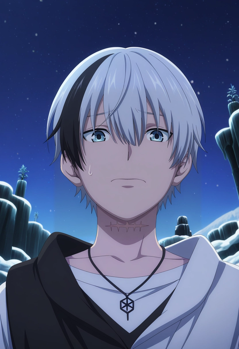 masterpiece, best quality, , anime screencap, anime coloring, , looking at viewer, 1boy, solo, male focus, <lora:polka_shinoyama_ilxl:0.98>, polka_shinoyama, grey hair, blue eyes, two-tone hair, multicolored hair, black hair, short hair, hair between eyes, streaked hair, bangs, scar, , from below, snowy town, snow, ice, stalagmite, dawn, slouching, nervous, outlaw costume
