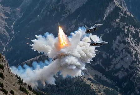 (Pilots flying the Euro Fighter jets between mountains), (displaying the low level flying capabilities of the Euro Fighter jets), hitting amazing speeds as the tilt and wind through the valleys and canyons, (view from side of euro fighter jets), (launching missiles with a stream of white vapors with flames), (a true display of military might power), (motion scenes), (pain staking attention to fine details of the jets) ,4k, surreal, (epic photography),