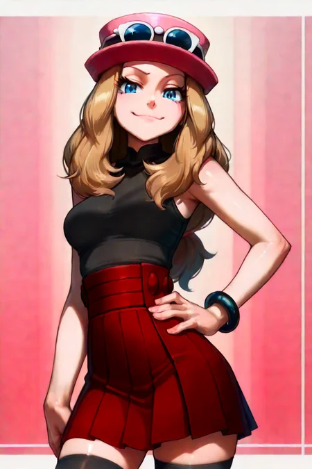 masterpiece, best quality, 1girl, solo, beautiful eyes, zzSerena, solo, long hair, blue eyes, eyewear on headwear, pink headwear, eyelashes, sleeveless shirt, black shirt, bracelet, high-waist skirt, red skirt, black thighhighs, <lora:SerenaPokemonIXL_v2:1.0>, <lora:IncaseIXL_v1:1.0>, cowboy shot, hand on hip, smug, smile, looking at viewer, shiny skin,