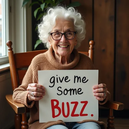 cute grandma sat on a chair holding a sign say "give me some buzz"