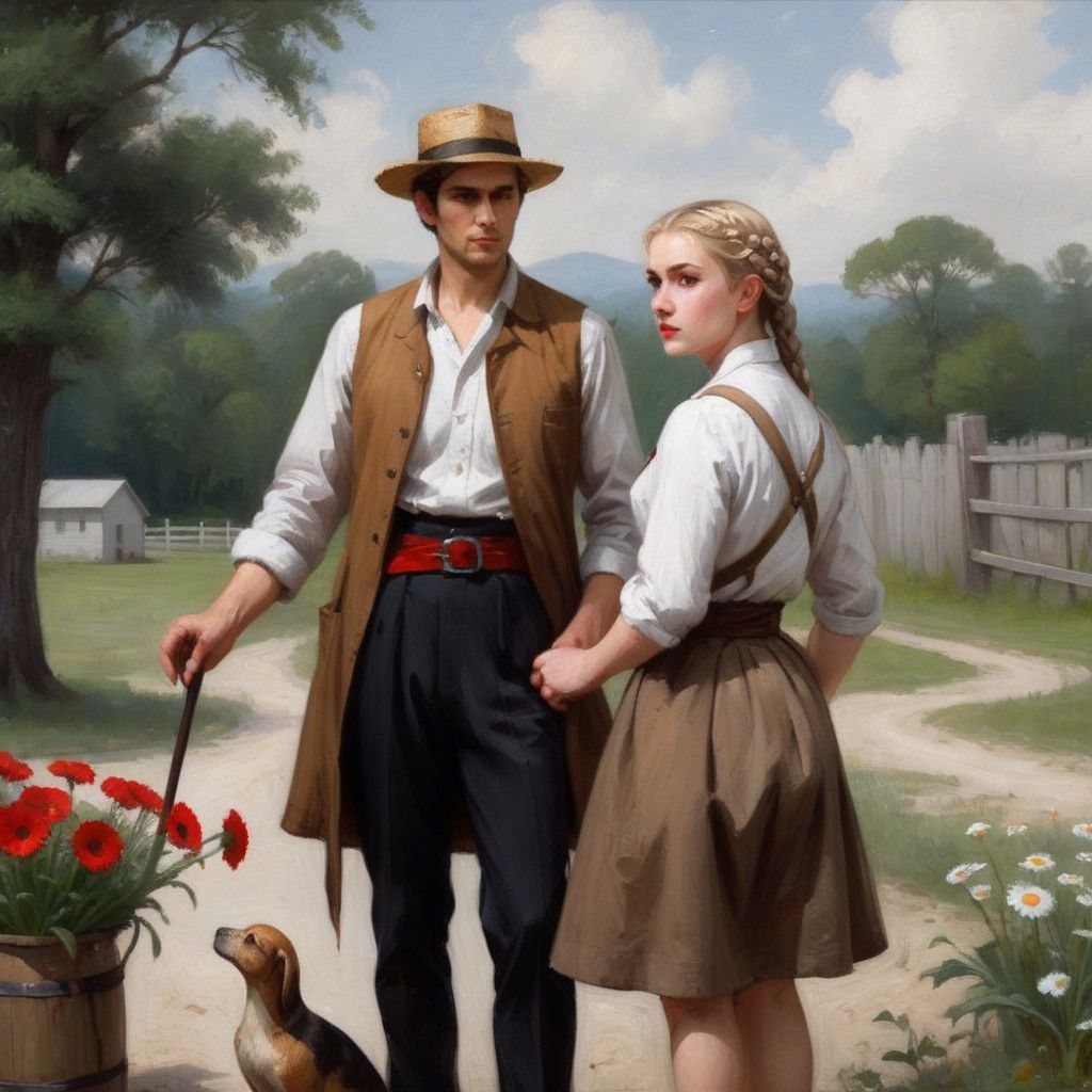 Oil painting, day, (((2persons))), outdoors, (summer), a young woman stands in the center, a young man stands next to her in the left part of the image. She is (barefoot), wearing a black ankle-length skirt with [[red flowers]], covered by a white apron, a red waistcoat and belt, and a white shirt with rolled up sleeves, her blonde hair is braided with a [red ribbon]. She looks at the small (daisy) in her hands. He is standing with a cane and looking at her, a (brown coat) is draped over his back, his hands are not in sleeves, a light straw hat is on his head, gray trousers are tucked into black boots. In the right part of the image behind are [two turkeys]. In the background is a wooden fence, behind which is a (green forest). ng_deepnegative_v1_75t