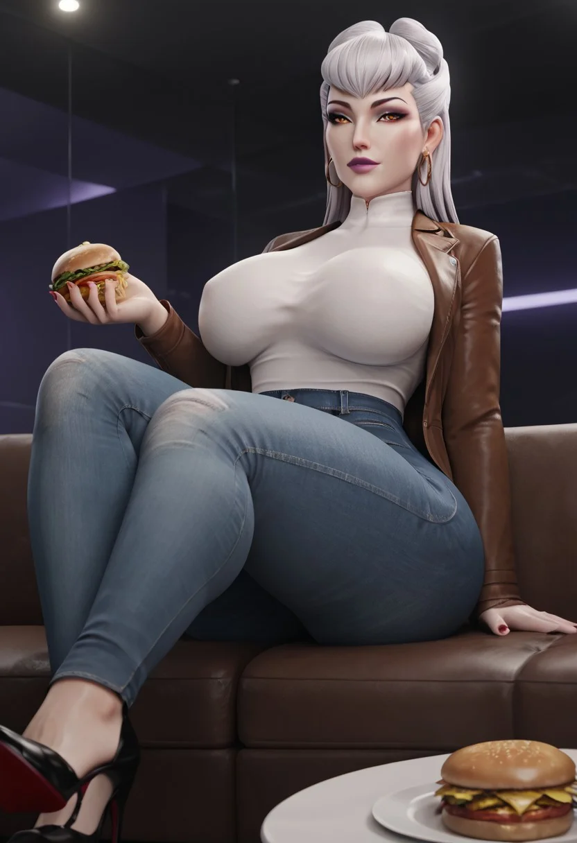 score_9, score_8_up, score_7_up,
perfect face,shiny lips,detailed eyes,perfect hands,highest quality, masterpiece,
venus body, thick girl, large soft breasts, natural heavy breasts, wide hips, big ass, bubble butt, thighs, thin waist,parted lips,
1girl,solo,aanix_evelynn,mature female,milf,
long hair, makeup, purple lips, white hair, grey hair, eyeshadow, lipstick, hair bun, orange eyes, mascara, bangs,
BREAK
seductive smile, looking at viewer, sexually suggestive, earrings,Fair skin,
white jumper,brown jacket,jeans,high heels,
(In KFC), (sitting at a table with burgers and fries on the table),front view, face focus,
Cinematic, cinematic lighting,Expressiveh,
