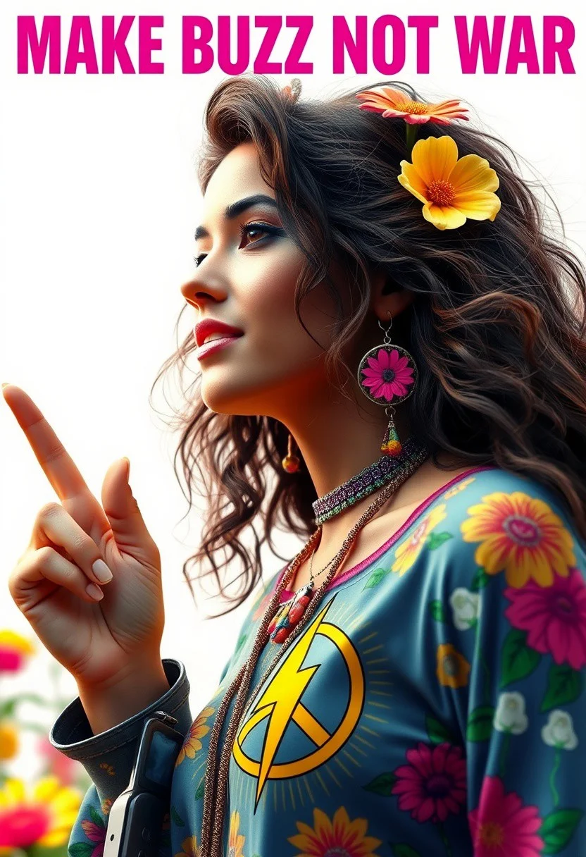 Masterpiece. Title text on top: “MAKE BUZZ NOT WAR”, beautiful hippie woman, sixties, poster, inspiring, hippie, flower power, peace and love symbol, summer of love, yellow lightning logo, high-res, semi realistic, best quality, intricate details, ultra details, good lighting, vibrant colors, very detailed, octane render, ray tracing