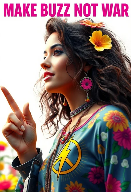 Masterpiece. Title text on top: “MAKE BUZZ NOT WAR”, beautiful hippie woman, sixties, poster, inspiring, hippie, flower power, peace and love symbol, summer of love, yellow lightning logo, high-res, semi realistic, best quality, intricate details, ultra details, good lighting, vibrant colors, very detailed, octane render, ray tracing