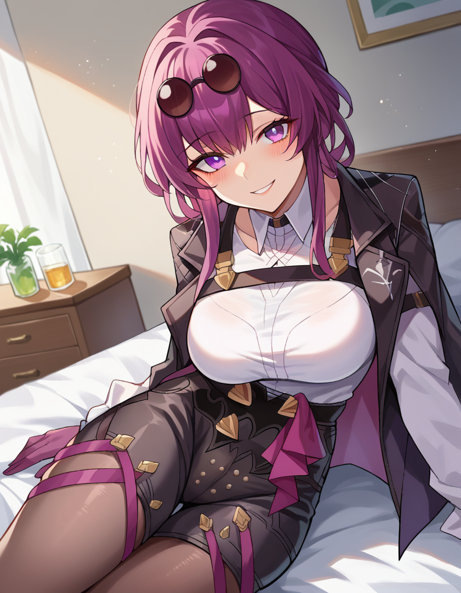 score_9, score_8_up, score_7_up, source_anime,
honkaikafka, <lora:honkai-kafka-ponyxl-lora-nochekaiser:1>,
kafka, eyewear on head, round eyewear, purple eyes, purple hair, long hair, smile,
black jacket, gloves, high-waist shorts, jacket, pantyhose, pantyhose under shorts, shirt, shorts, white shirt
indoors, bed, bed room, on side, blush, drunk,
looking at viewer, dutch angle, cowboy shot,