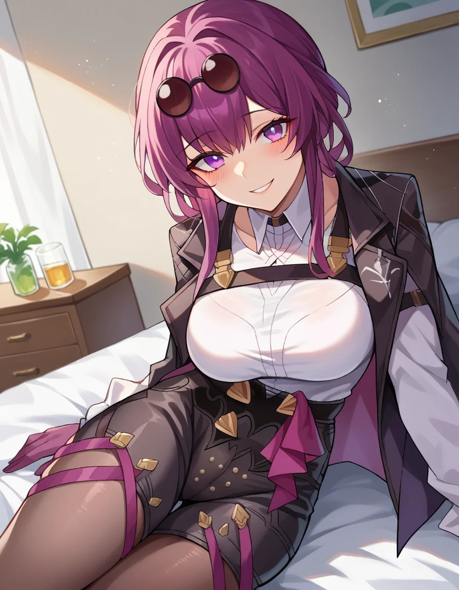 score_9, score_8_up, score_7_up, source_anime,
honkaikafka, <lora:honkai-kafka-ponyxl-lora-nochekaiser:1>,
kafka, eyewear on head, round eyewear, purple eyes, purple hair, long hair, smile,
black jacket, gloves, high-waist shorts, jacket, pantyhose, pantyhose under shorts, shirt, shorts, white shirt
indoors, bed, bed room, on side, blush, drunk,
looking at viewer, dutch angle, cowboy shot,