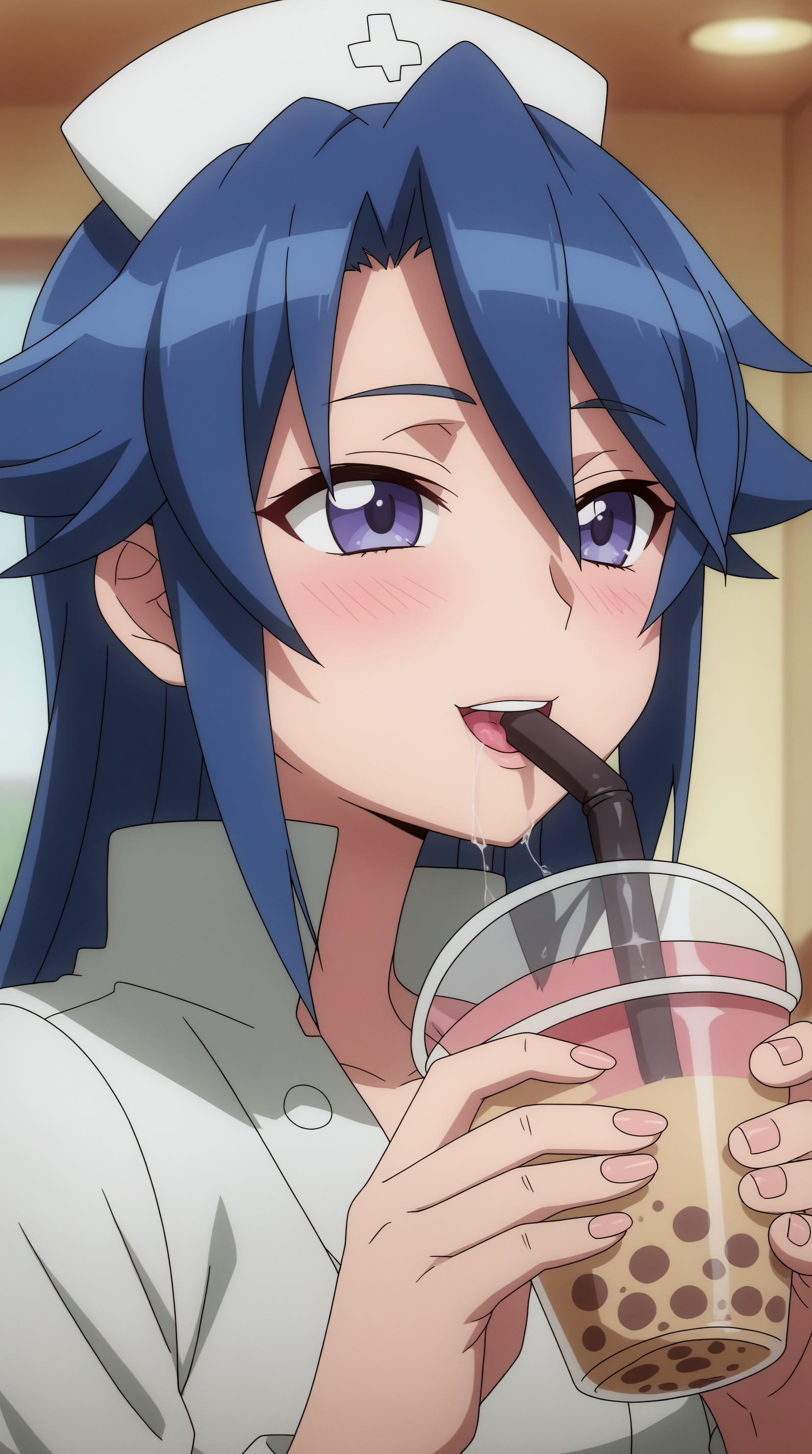 score_9, score_8_up, score_7_up,anime_source, source_anime, best background, detailed background, anime screencap, 4k, upscaled,  Sayo Hitsugi, Main Outfit, drinking, bubble tea, saliva, blush, happy, indoors,  <lora:JN_Sayo_Hitsugi_Pony:0.8>