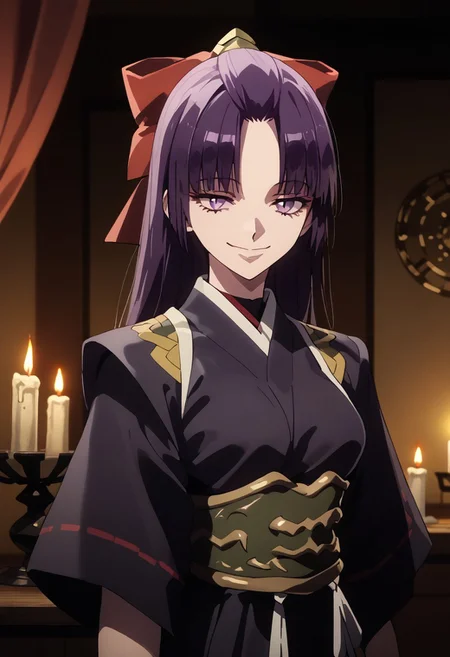 score_9,score_8_up,score_7_up,source_anime, SHIKOKU_(MATO_SEIHEI_NO_SLAVE),1girl,solo,long hair,breasts,smile,long sleeves,bow,closed mouth,purple eyes,upper body,purple hair,hair bow,japanese clothes,indoors,kimono,red bow,snake,candle,