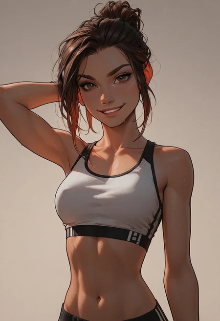 (score_9, score_8_up, score_7_up). ( line work, excellent drawing, highest quality, extremely detailed:1.2). 1girl, 20 years old, perfect face, adult face, solid brown eyes, dark brown eyes, long lashes, short ponytail, dyed hair, soft skin, nympho, relaxed, confident posture, assertive, smirk, sweaty, shiny look, petite, athletic body, statuesque, fit, v line, gym girl, activewear, crop top, no bra, perky, g0thicPXL, romantic, cinematic lighting, volumetric lighting, source_cartoon, dynamic angle, cowboy shot, medium distance