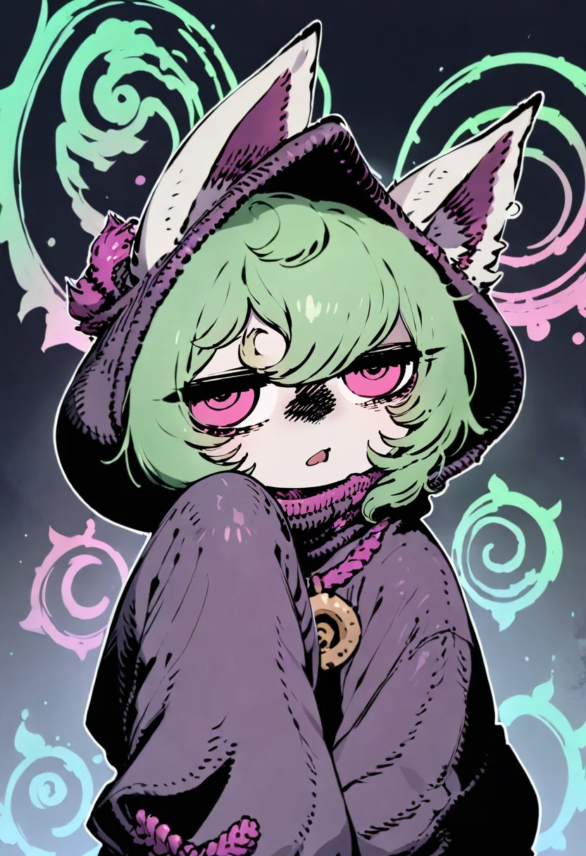 masterpiece, best quality,<lora:SSAMBAteaXL_ANI31_lokr_V53P1:0.95> 1girl, hood, green hair, yordle, ears through headwear, pink eyes, solo, animal ears, sleeves past wrists, hood up, sleeves past fingers, jitome, bangs, hand up, long sleeves, looking at viewer