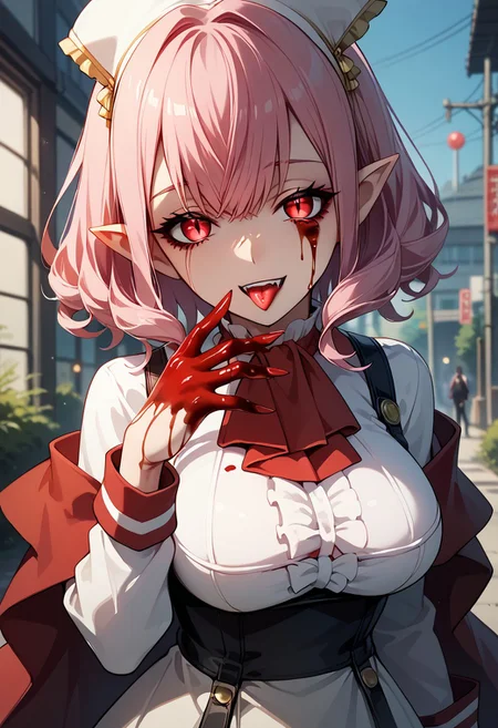 score_9,score_8_up,score_7_up,source_anime, Sophia Keren,1girl,solo,breasts,looking at viewer,smile,short hair,large breasts,long sleeves,pink hair,tongue,pointy ears,tongue out,blood,blood on face,blood on clothes,vampire,blood on hands,