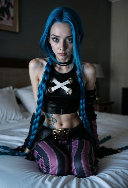 JinxA, ultra realistic photo of a woman with blue hair sitting on a bed <lora:FluxJinxV2:1>