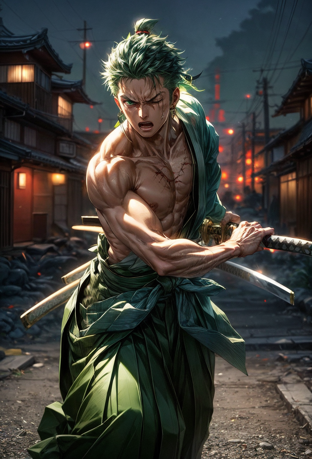amazing quality, masterpiece, best quality, hyper detailed, ultra detailed, UHD, perfect anatomy, blurry background, outdoor, from above,
(fighting stance:1.2), night, one eye closed,one eye opened, watching,
Timeskip zoro, short hair, scar on chest, (topless:1.3), scar over one eye, (green hair:1.2), strong, earring, (green hakama:1.3), (red obi:1.1), stride, 
Japanese style house>, (radioactive background:1.3), 
<lora:battoujutsu_24re_d128:0.85>, battoujutsu,
<lora:zoro_v2_off:0.75>, 
<lora:detail_slider_v4:1>,
<lora:more_details:0.4>,
<lora:add_detail:0.3>,
<lora:emotion_angry_slider_v1:1>,
<lora:GoodHands-vanilla:1>,