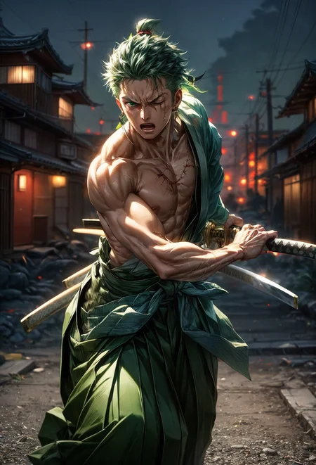 amazing quality, masterpiece, best quality, hyper detailed, ultra detailed, UHD, perfect anatomy, blurry background, outdoor, from above,
(fighting stance:1.2), night, one eye closed,one eye opened, watching,
Timeskip zoro, short hair, scar on chest, (topless:1.3), scar over one eye, (green hair:1.2), strong, earring, (green hakama:1.3), (red obi:1.1), stride, 
Japanese style house>, (radioactive background:1.3), 
<lora:battoujutsu_24re_d128:0.85>, battoujutsu,
<lora:zoro_v2_off:0.75>, 
<lora:detail_slider_v4:1>,
<lora:more_details:0.4>,
<lora:add_detail:0.3>,
<lora:emotion_angry_slider_v1:1>,
<lora:GoodHands-vanilla:1>,