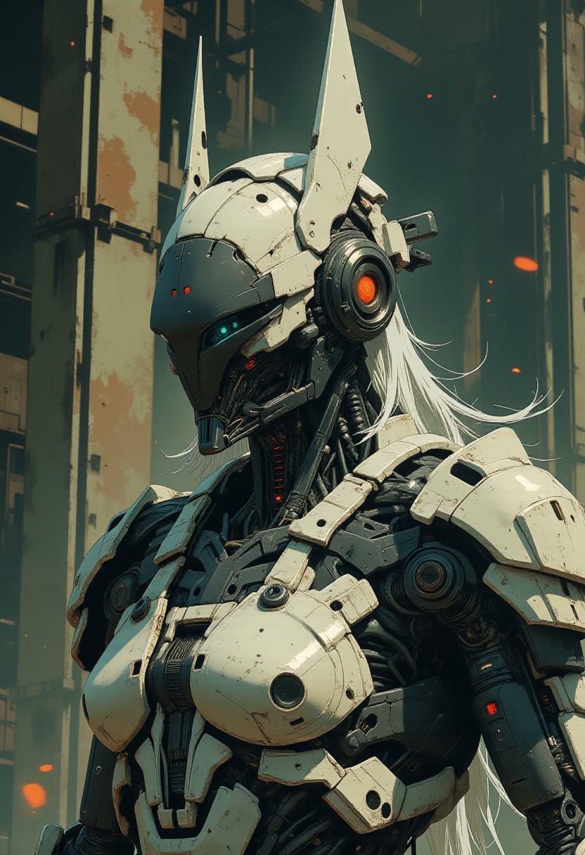 In the style of ff-td, nistyle, Silhouette Art, magnificent, Photorealistic portrait of a faceless android warrior in gleaming silver and chrome. Features a striking helmet design with a sharp, central V-shaped faceplate made of matte black segmented plates, converging to a point. Flanked by tall, slender, slightly curved fin-like antennae/crests rising vertically. Extremely intricate mechanical neck and upper torso visible, showcasing layered dark gunmetal plating, exposed actuators, wiring, and complex joints. Contrasting white or silver synthetic cables resembling long hair flow down from the helmet base. Set against a gritty, out-of-focus industrial or urban decay background. Cinematic lighting, hyperrealistic textures, shallow depth of field