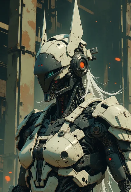 In the style of ff-td, nistyle, Silhouette Art, magnificent, Photorealistic portrait of a faceless android warrior in gleaming silver and chrome. Features a striking helmet design with a sharp, central V-shaped faceplate made of matte black segmented plates, converging to a point. Flanked by tall, slender, slightly curved fin-like antennae/crests rising vertically. Extremely intricate mechanical neck and upper torso visible, showcasing layered dark gunmetal plating, exposed actuators, wiring, and complex joints. Contrasting white or silver synthetic cables resembling long hair flow down from the helmet base. Set against a gritty, out-of-focus industrial or urban decay background. Cinematic lighting, hyperrealistic textures, shallow depth of field