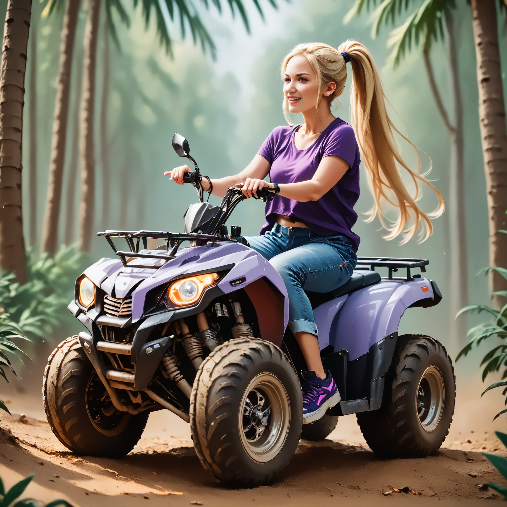 score_9, score_8_up, score_7_up, riqua (side view) , (slim 25yo female) riding a quad. purple shirt and jeans shorts, sneakers , long blonde ponytail  <lora:RideQuadPony:1>