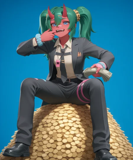 highly detailed, sitting on a pile of golden coins, holding a bundle of money, mouth pull, teeth, fangs, :d, blue background, solid background, 1girl, solo, green hair, twintails, ponytail, long hair, bangs, hair between eyes, hair over one eye, ears, horns, oni horns, single horn, red skin, pink skin, blue eyes, parted lips, bandaid, bandaid on nose, bandaid on thighs, colored skin, hair ornament, hairclip, scrunchie, (black suit jacket, open suit jacket, white collared shirt, black tie, black necktie, black trousers, black pants, black shoes:1.4) <lora:Fortnite_Nemia_Demonically_Cute_Set_ILXL_E29_16_DIM:1>