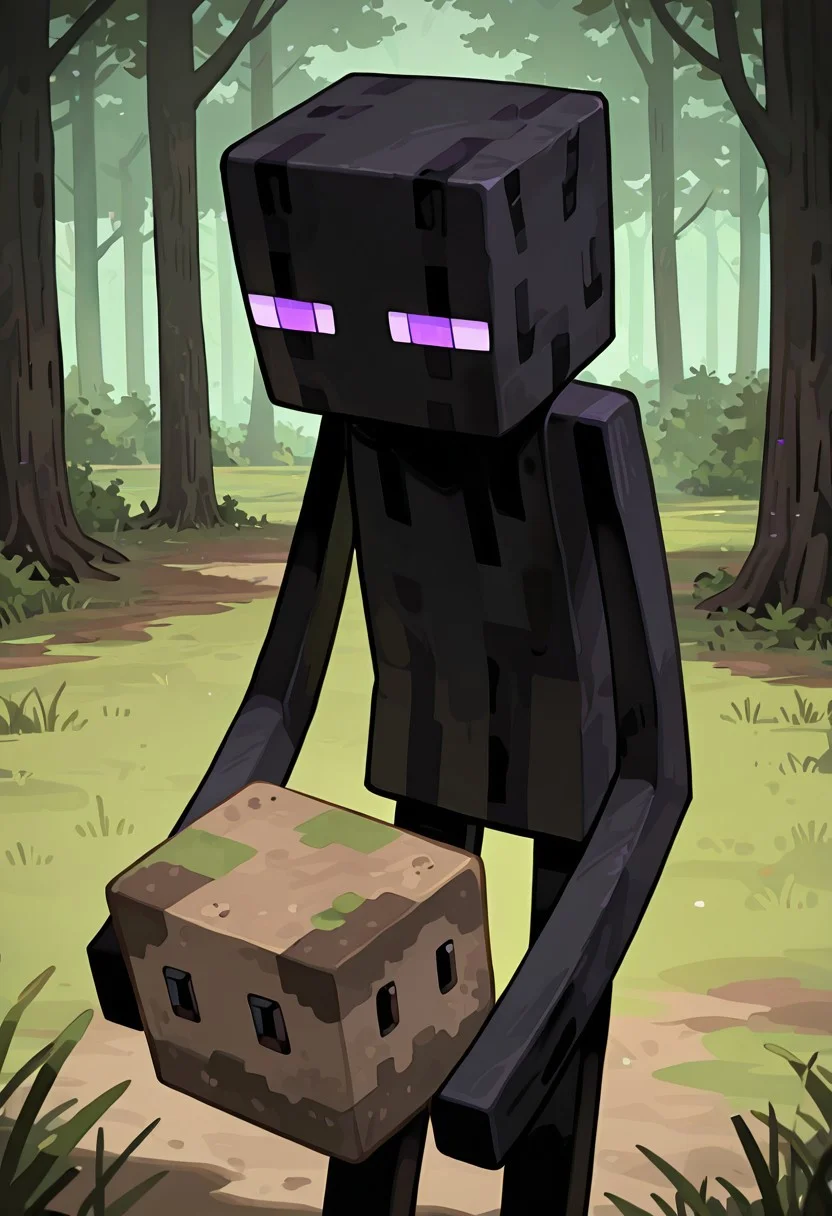 masterpiece, best quality, amazing quality, very aesthetic, absurdres, newest, , detailed background,
klskx
enderman, no humans, purple eyes, rectangle eyes, , solo, male focus, black skin, no mouth, square head, square body, black head , pokemon (creature),
holding dirt block, forest, dirt block, grass, woods,
